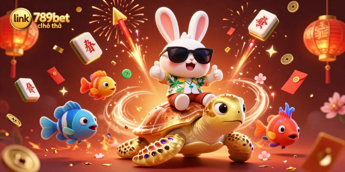 Experience the excitement with link 789bet chính thức as the lucky rabbit rides a golden turtle amidst festive elements.