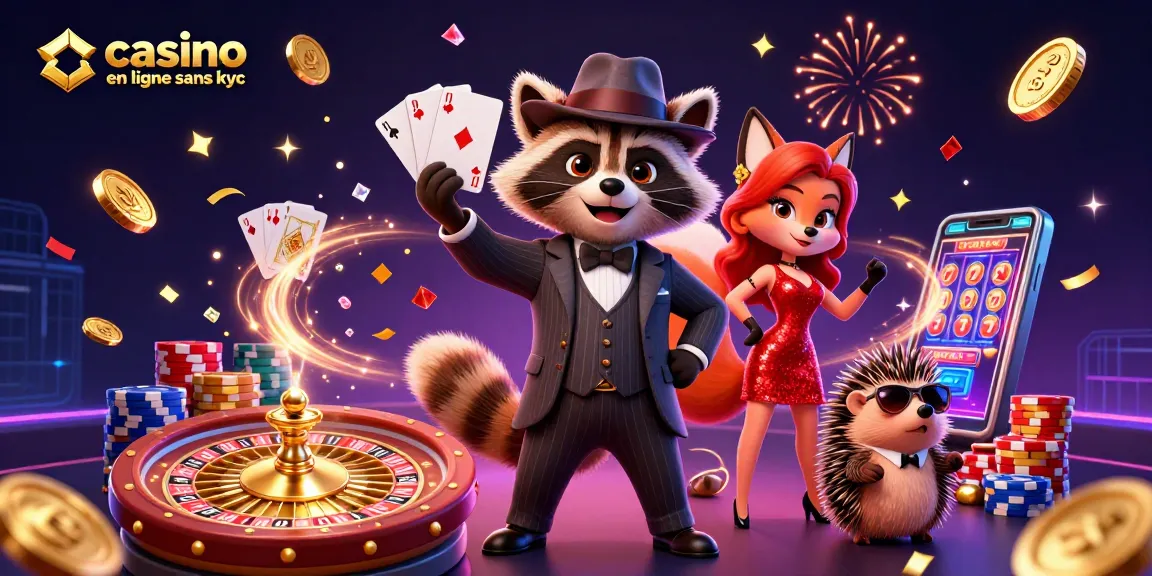 Découvrez le casino en ligne sans KYC avec des personnages animés jouant aux cartes et célébrant des gains.