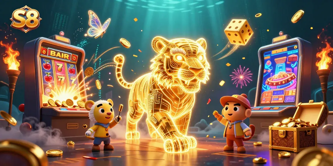 Experience vibrant excitement at S8 with a neon wireframe tiger amidst a digital casino landscape.
