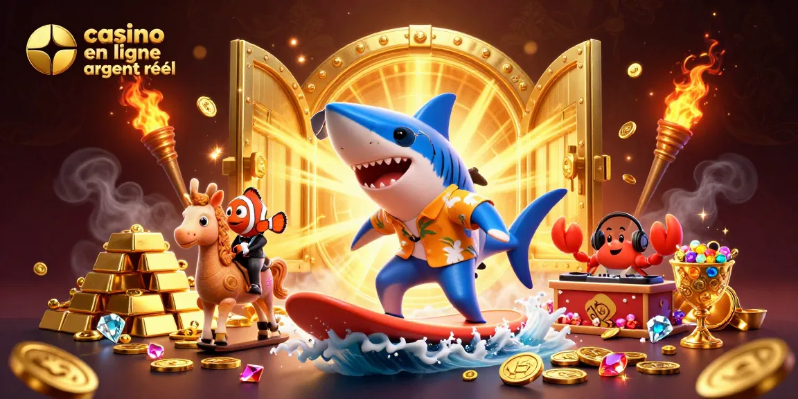 Vivez l'expérience du casino en ligne argent réel avec un requin-baleine surfant sur des pièces d'or.