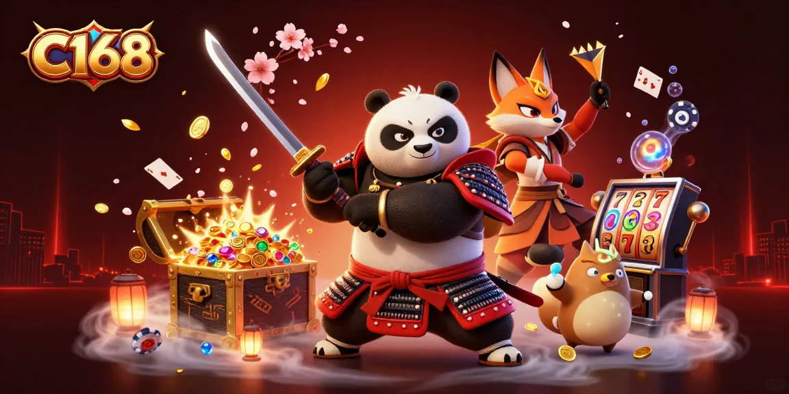 C168 showcases a thrilling casino adventure with samurai panda and ninja fox amid exploding treasures and slot games.