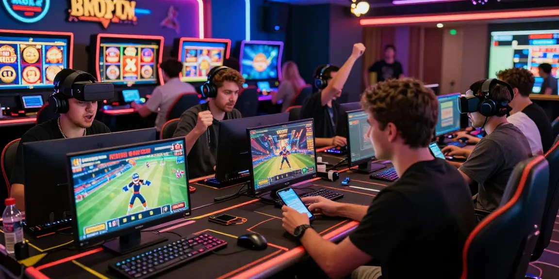 Engaged players enjoying various games on situs raja328, capturing an exciting online casino atmosphere.