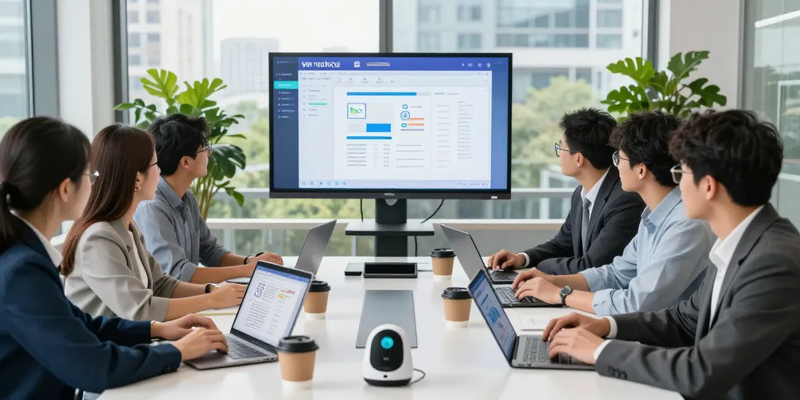 Team collaborating using WPSoffice in a modern office setting, showcasing productivity.