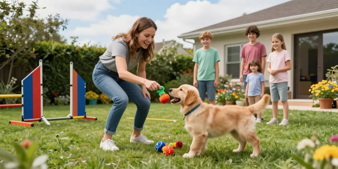 Training golden retriever puppy with NAGA2000 techniques in sunny backyard