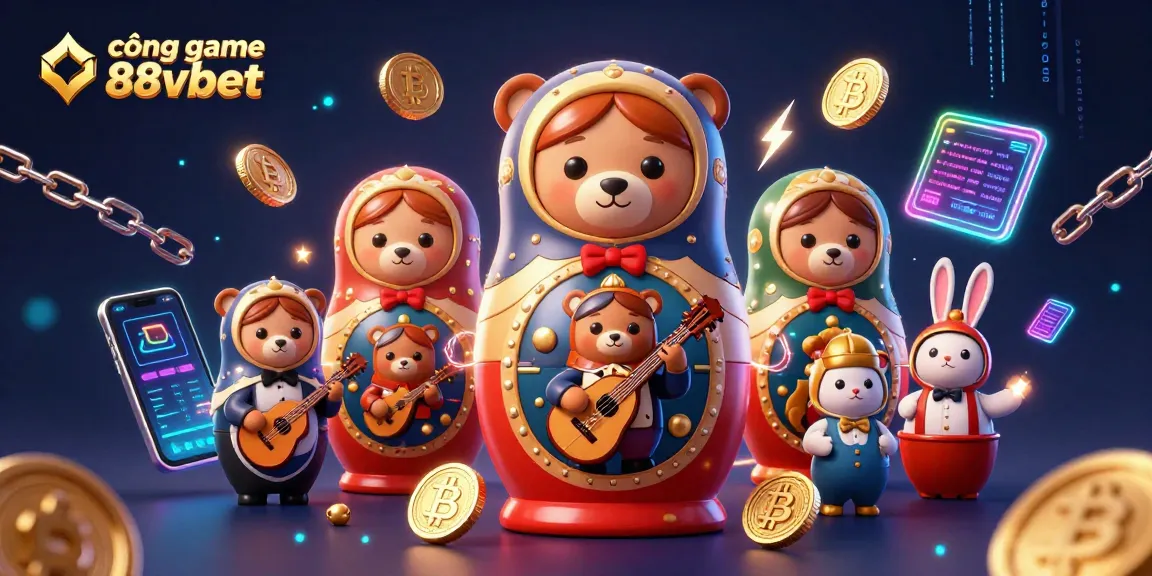 The cổng game 88vbet illustration showcases 3D cartoon bears and crypto elements, inviting players to engage.