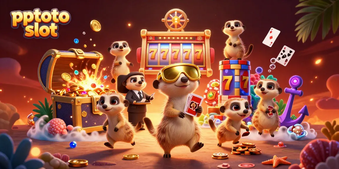 Engage with pptoto slot action as adorable meerkats manage a lively casino scene with vibrant gambling elements.