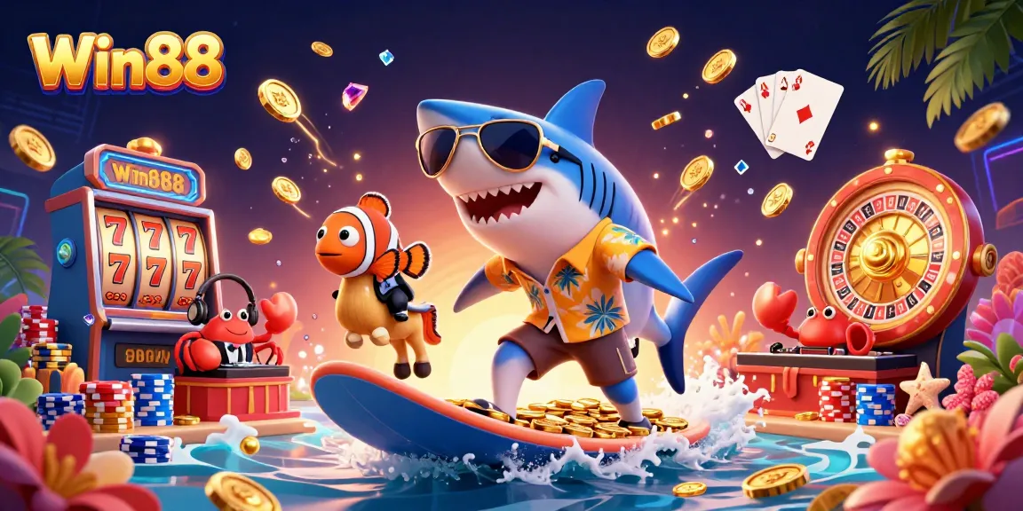 Win88 brings vibrant gameplay to life with a shark surfing on gold coins and slot reels.