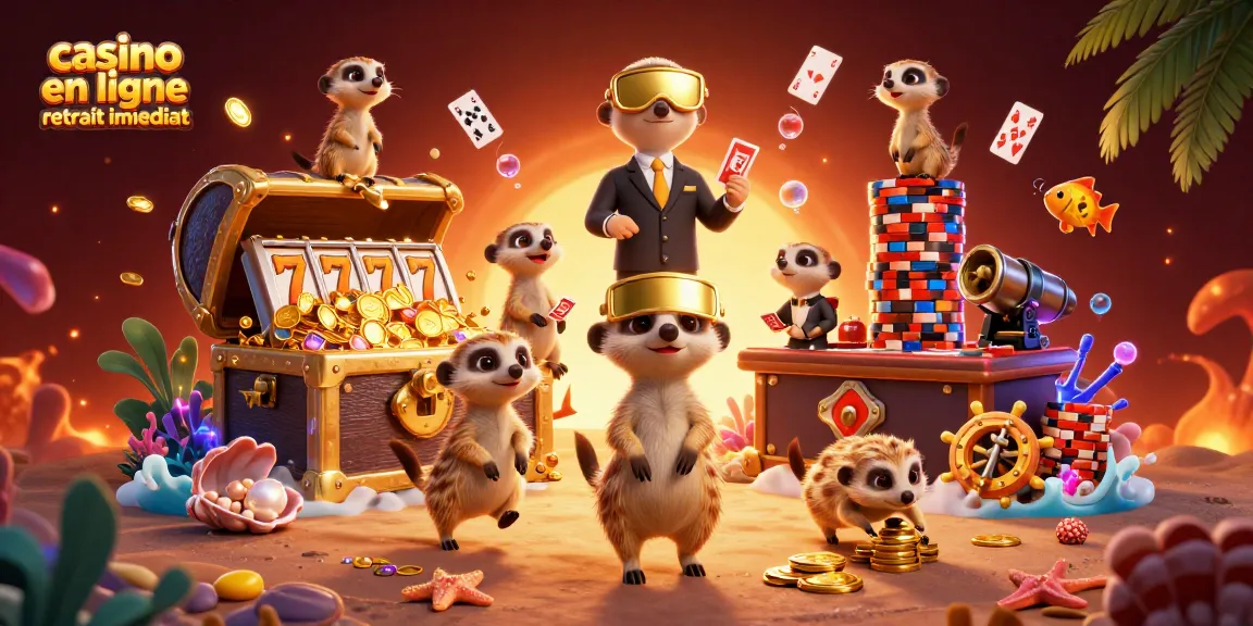 Suricates gérant un casino en ligne avec retrait immédiat, entourés de trésors et de jeux.