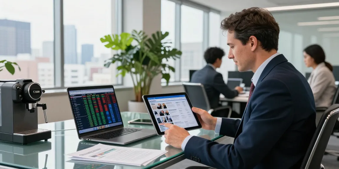 Clinton Orr analyzing top business stories at a modern office desk.
