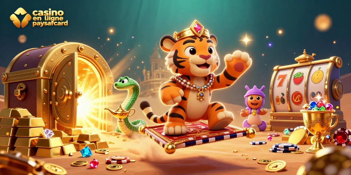 Visualisez le sultan tigre sur un tapis volant, entouré d'éléments de casino, mettant en lumière le casino en ligne paysafecard.