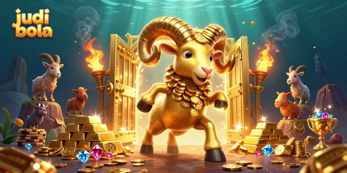 Win at judi bola with excitement, featuring a golden ram and dazzling treasures.