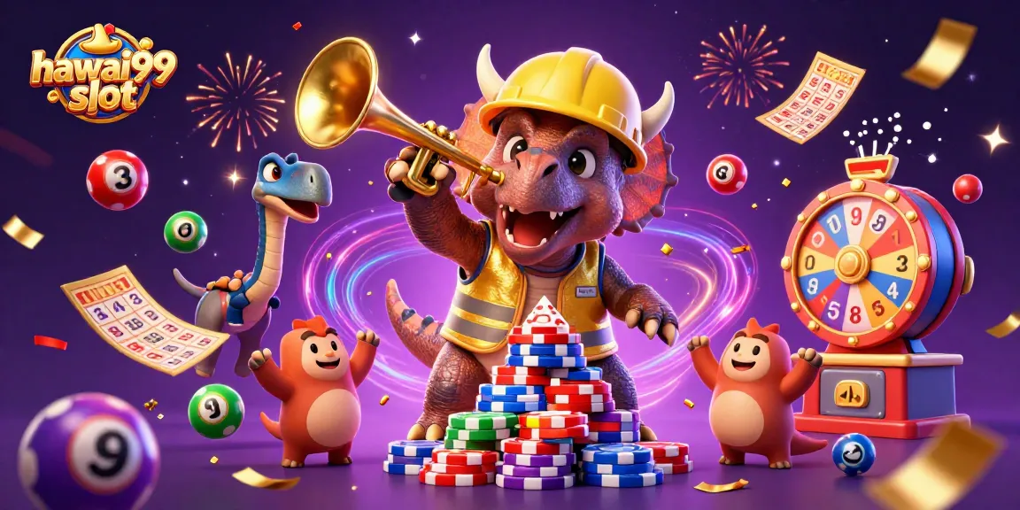Experience the excitement of hawai99 slot with a lively 3D casino illustration filled with fun characters and elements.