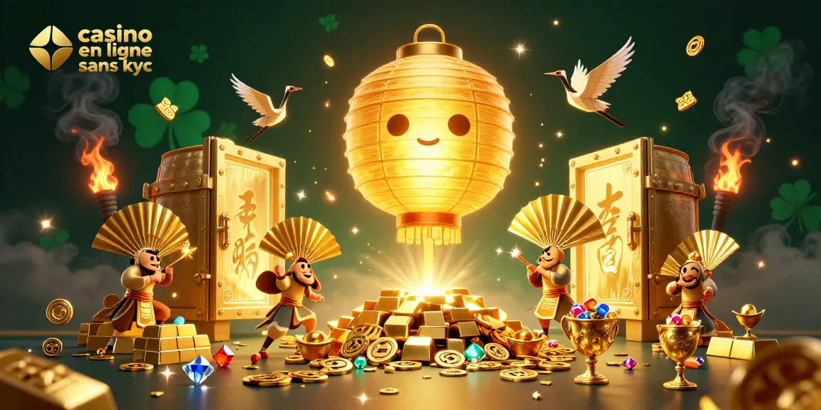 Illustration captivante de casino en ligne sans kyc avec un esprit lanterne géant et des guerriers en éventail.