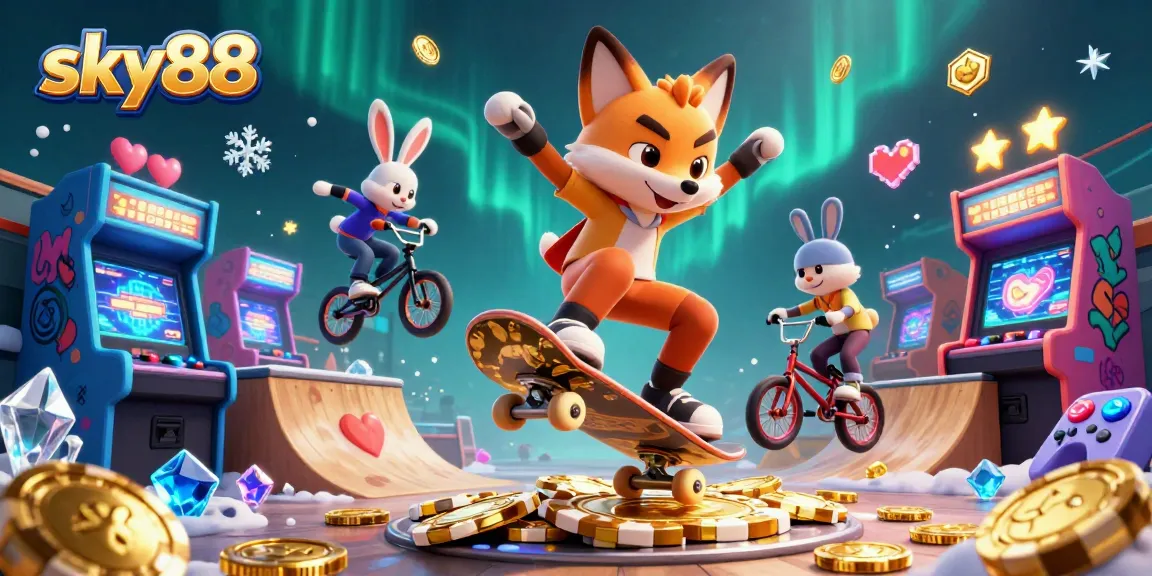 Engaging sky88 casino-themed illustration featuring 3D characters performing tricks over golden poker chips.