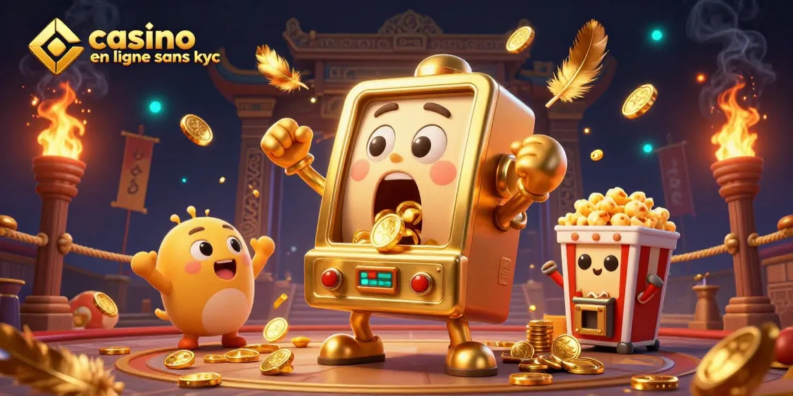 La machine à sous dorée casino en ligne sans KYC gagne un jackpot avec des pièces et des feux d'artifice.