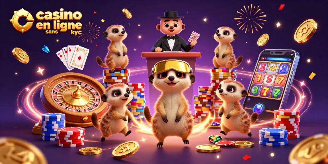 Jouez au casino en ligne sans KYC avec une colonie de suricates en pleine opération de jeu, entourés d'or et de lumière.