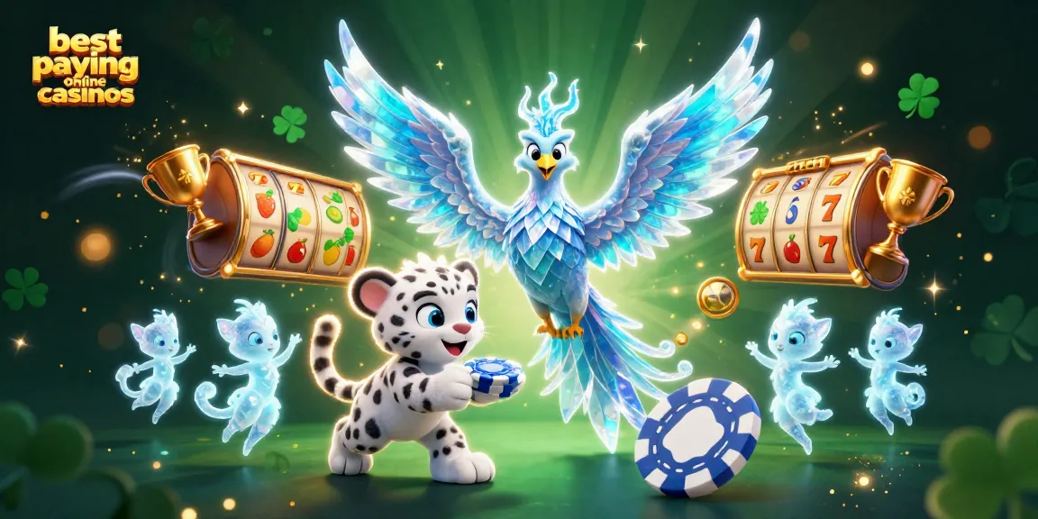 Experience winning thrills at the best paying online casinos with a magical scene featuring an ice phoenix, playful snow leopard, and slot game elements.