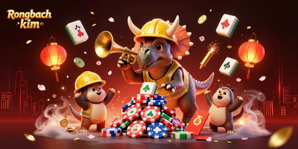 Celebrate with Rongbach kim as a triceratops builds poker chips amid vibrant casino elements!