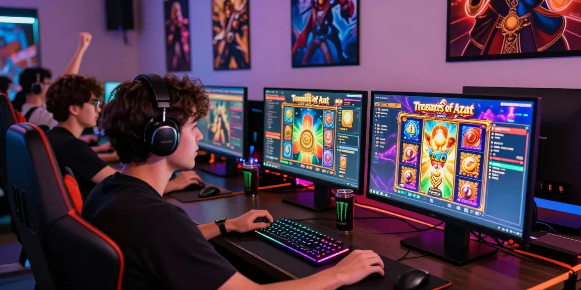 Treasures of Aztec slot game experience with a focused player in a vibrant gaming setup, showcasing lively gaming atmosphere and excitement.
