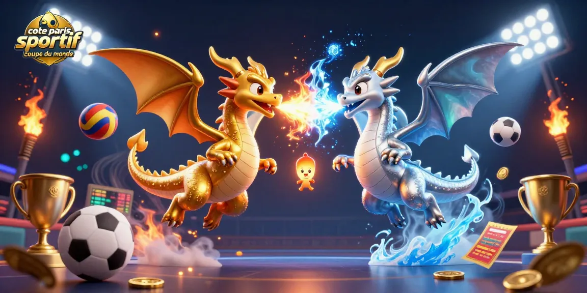 Pariez sur les cotes des paris sportifs pour la coupe du monde avec une illustration dynamique de dragons et des éléments de jeu.