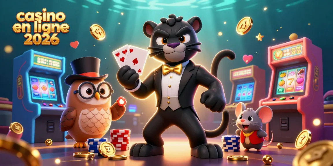 Illustration dynamique de casino en ligne 2026 avec des personnages animés et des machines à sous.