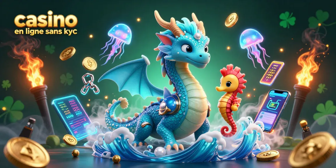 Jouez dans un casino en ligne sans KYC, avec un dragon d'eau majestueux et des éléments de crypto-monnaie scintillants.