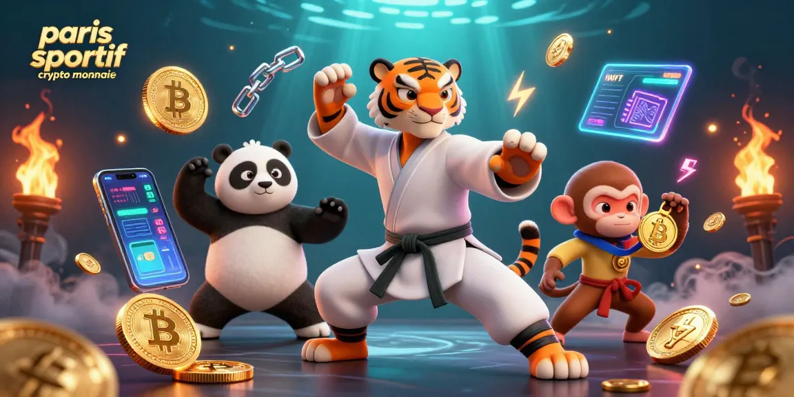 Plongez dans l’univers des paris sportif en cryptomonnaie avec un tigre maître kung-fu et des pièces de crypto.