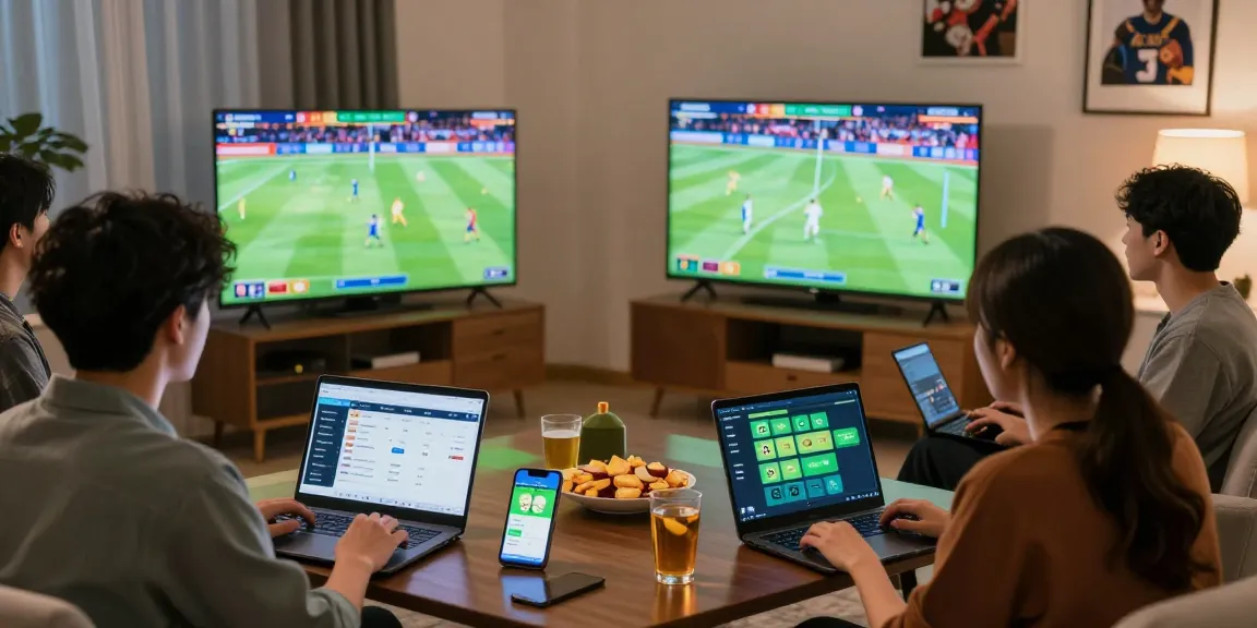 Friends enjoying a live sports event while exploring 토토사이트 options in a cozy living room.