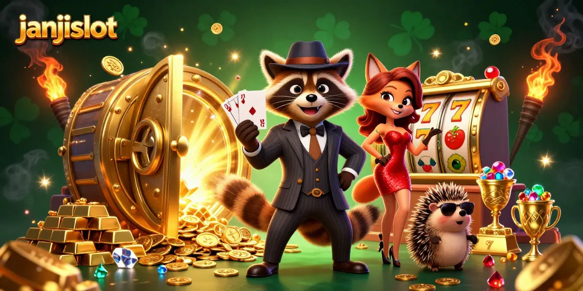 Experience janjislot action with a suave raccoon and charming fox amid golden treasures and slot reels.